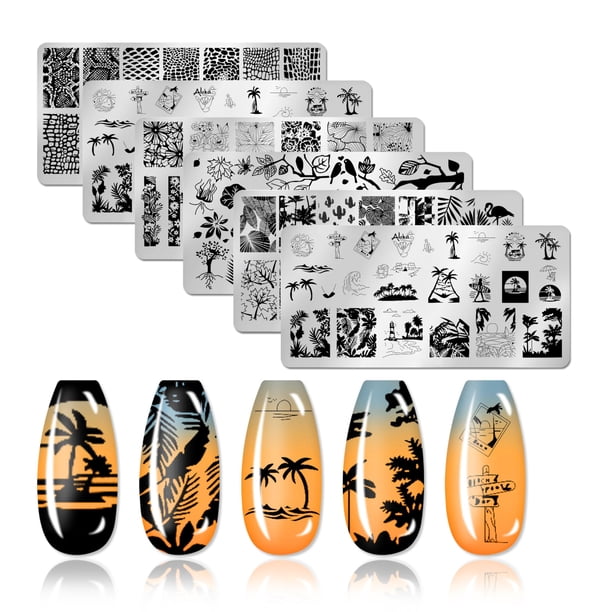 XEAOHESY 6 placas de estampado de uñas con tema de la naturaleza, hojas, isla, paisaje, flores, encaje, serpiente, placas de imagen de Navidad, kit de estampado de uñas, placas de estampado de uñas pa