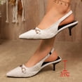 thumbnail image 5 of Miluxas Women's Tweed Pointed Toe Slingback Heels, Elegant Metal Buckle Kitten Heel Pumps, Stylish Dress Shoes for Work & Special Occasions Beige 6.5(38), 5 of 9