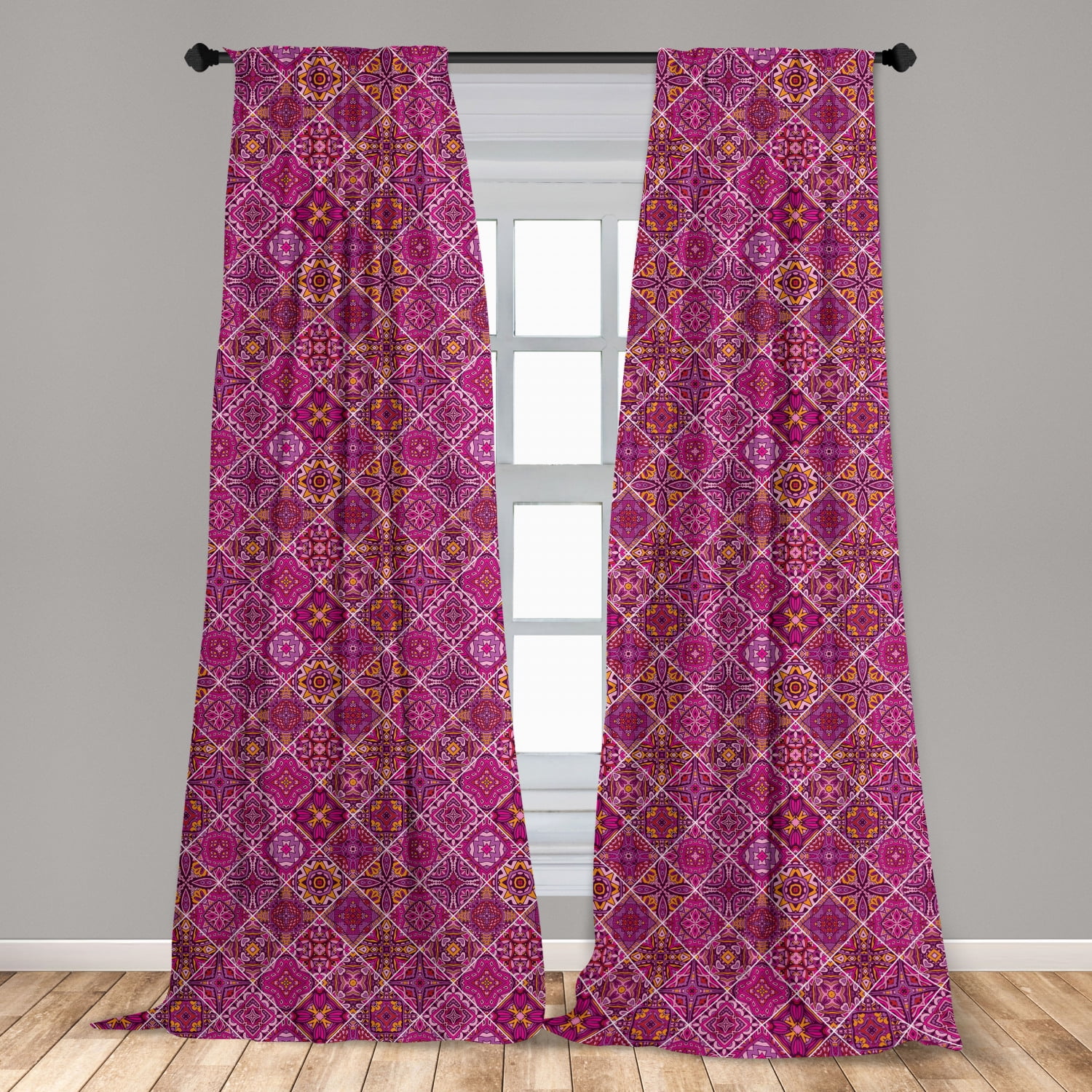 Moroccan Curtains 2 Panels Set, Art in Times Checkered Pattern with