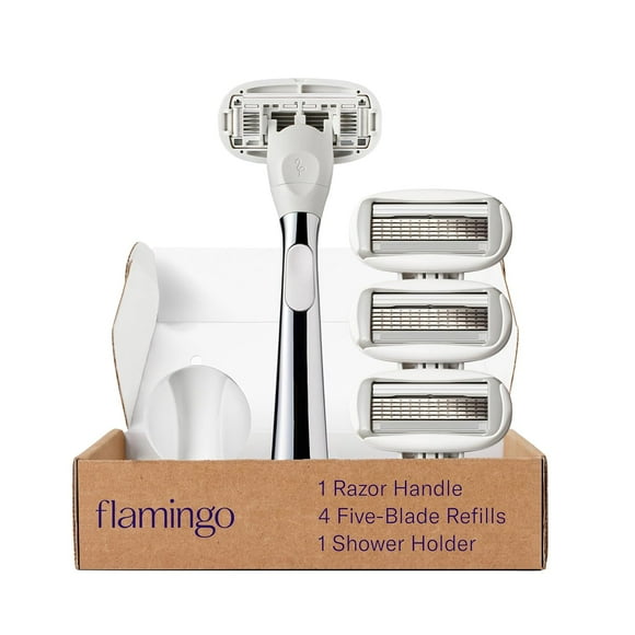 Flamingo 5-Blade Razors for Women - 1 Razor Handle + 4 5-Blade Refills + 1 Shower Holder - Chrome