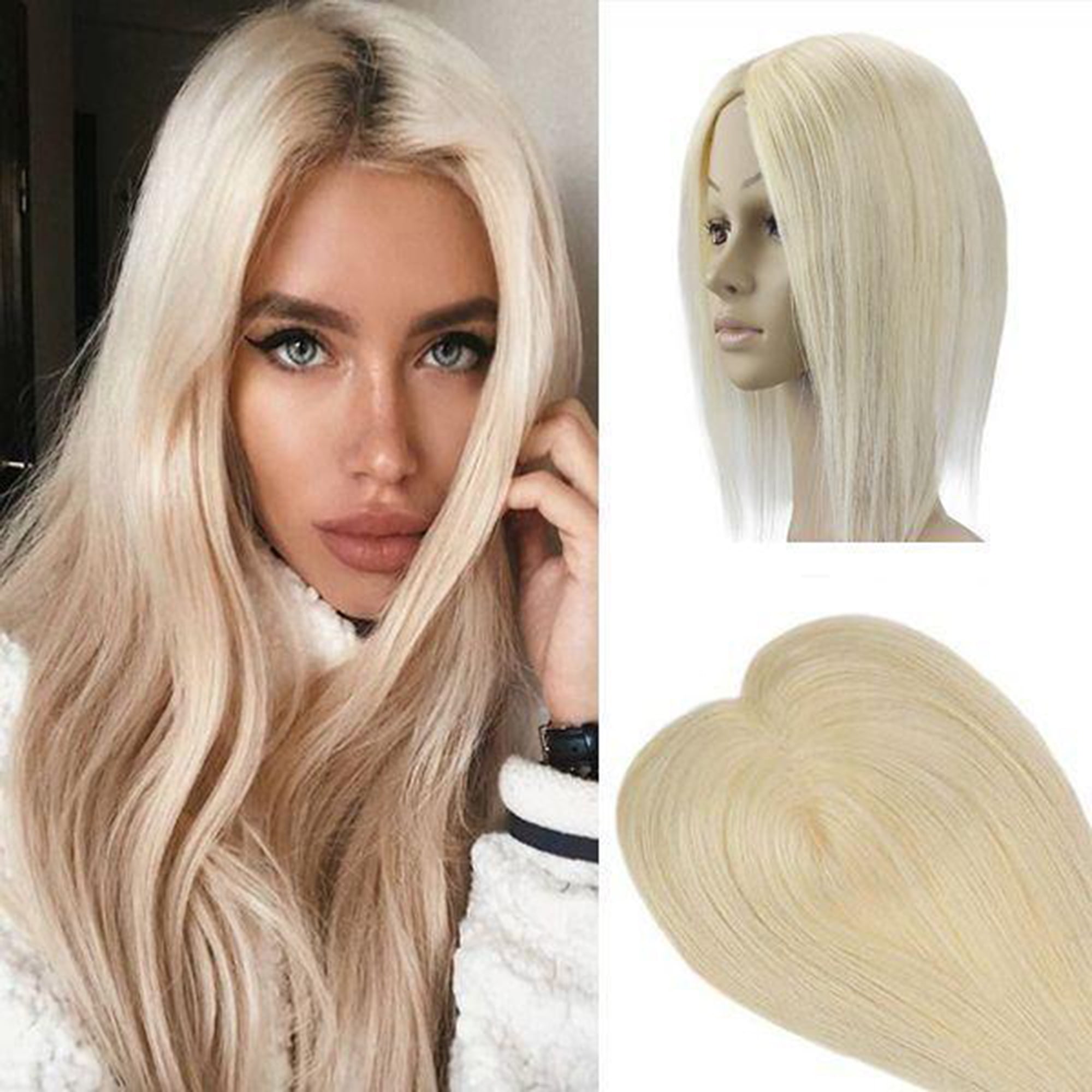 Sunny Clip In Topper For Women 14 Inch Topper Hair Piece Human Hair Platinum Blonde Silk Base 