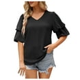 thumbnail image 2 of Sakmal Ladies Tops Clearance Black Short Sleeve Double Puff Sleeves Solid V-Neck Blouses T Shirts for Women, 2 of 4