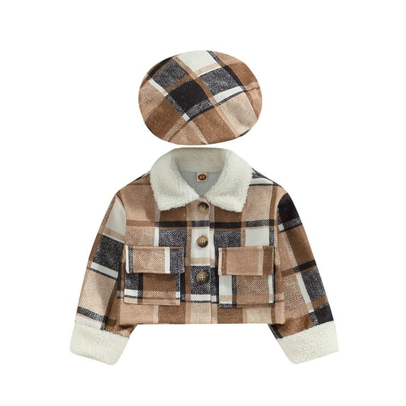 KOMOO Toddler Baby Baby Flannel Shirt Coat with Beret Hat Long Sleeve Button Plaid Shacket Jacket Pockets Fleece Coat