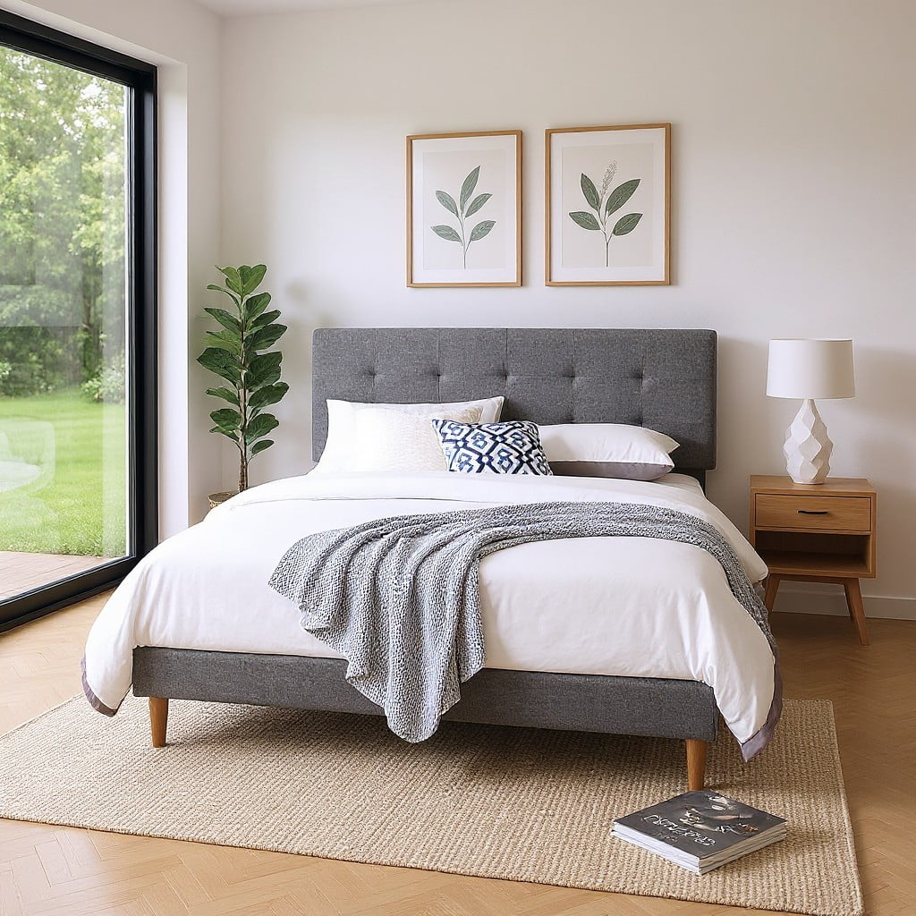 AENKYO King Size Upholstered Platform Bed Frame, Tufted Low Profile Design with Adjustable Headboard, Gray