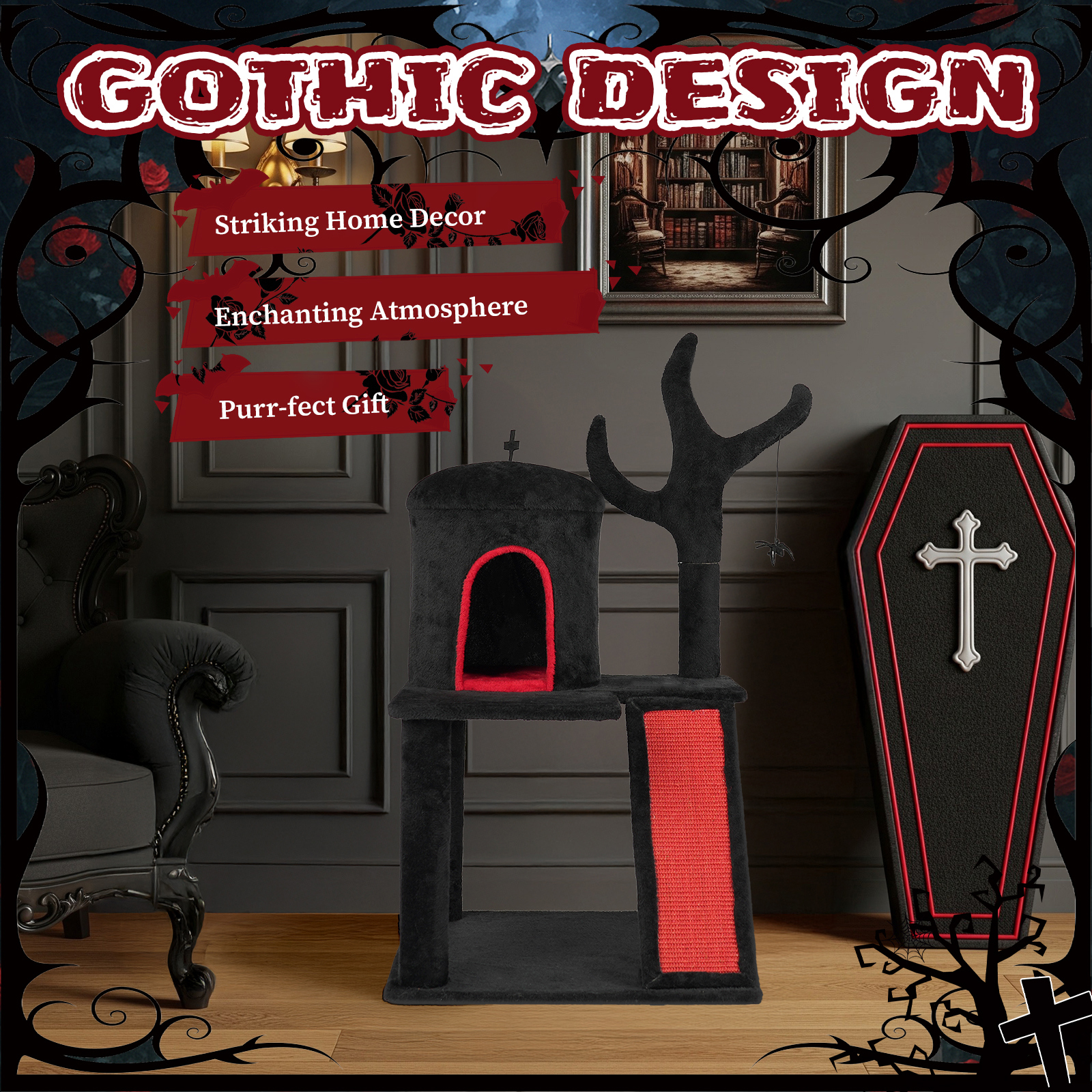 Zephypaws 42" Black Gothic Halloween Cat Tree, Indoor Cat Tower with Condo, Branch Scratching Post, Ladder & Spider Toy, Red & Black Design