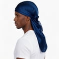 thumbnail image 3 of Yvsxxv Solid Color Silky Bandana, Polyester Long-Tail Head Wrap, Unisex Daily Hair Accessory, Royal Blue, 1 Pc, 3 of 4