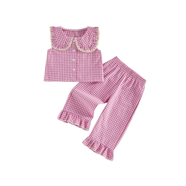 Conjunto de 2 piezas para niñas pequeñas: top sin mangas con cuello de muñeca y estampado a cuadros, y pantalón con cintura elástica.