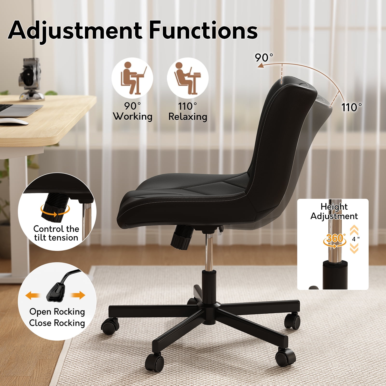 iooHug Armless Office Chair, PU Leather Small Computer Desk Chair with Wheels, Adjustable Swivel Vanity Chair with Memory Foam Cushion, No Arms Task Chair for Home Office, Bedroom, Black
