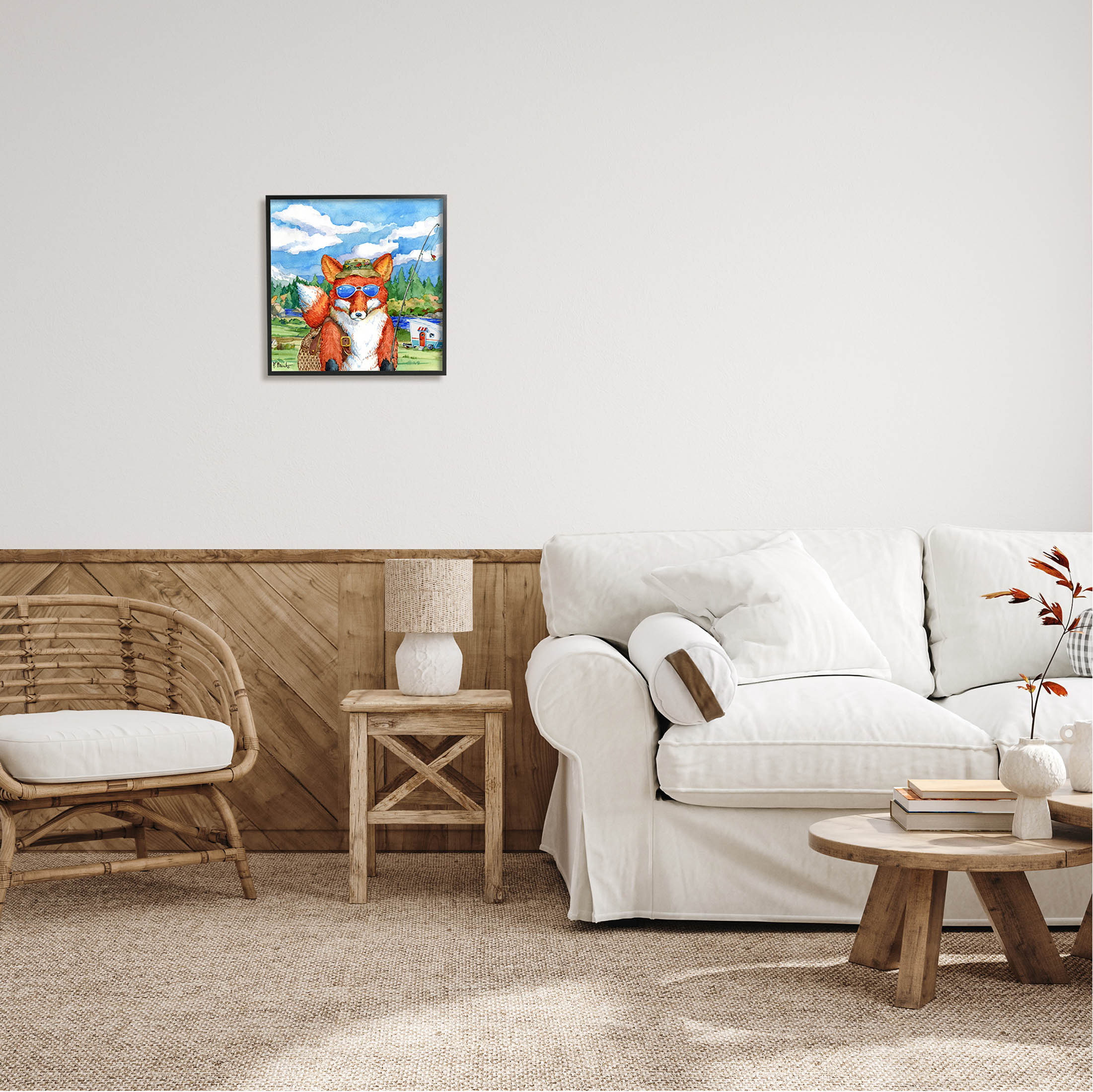 Stupell Industries Happy Camper Red Fox Fisherman Painting Black Framed Art Print Wall Art, Design by Paul Brent
