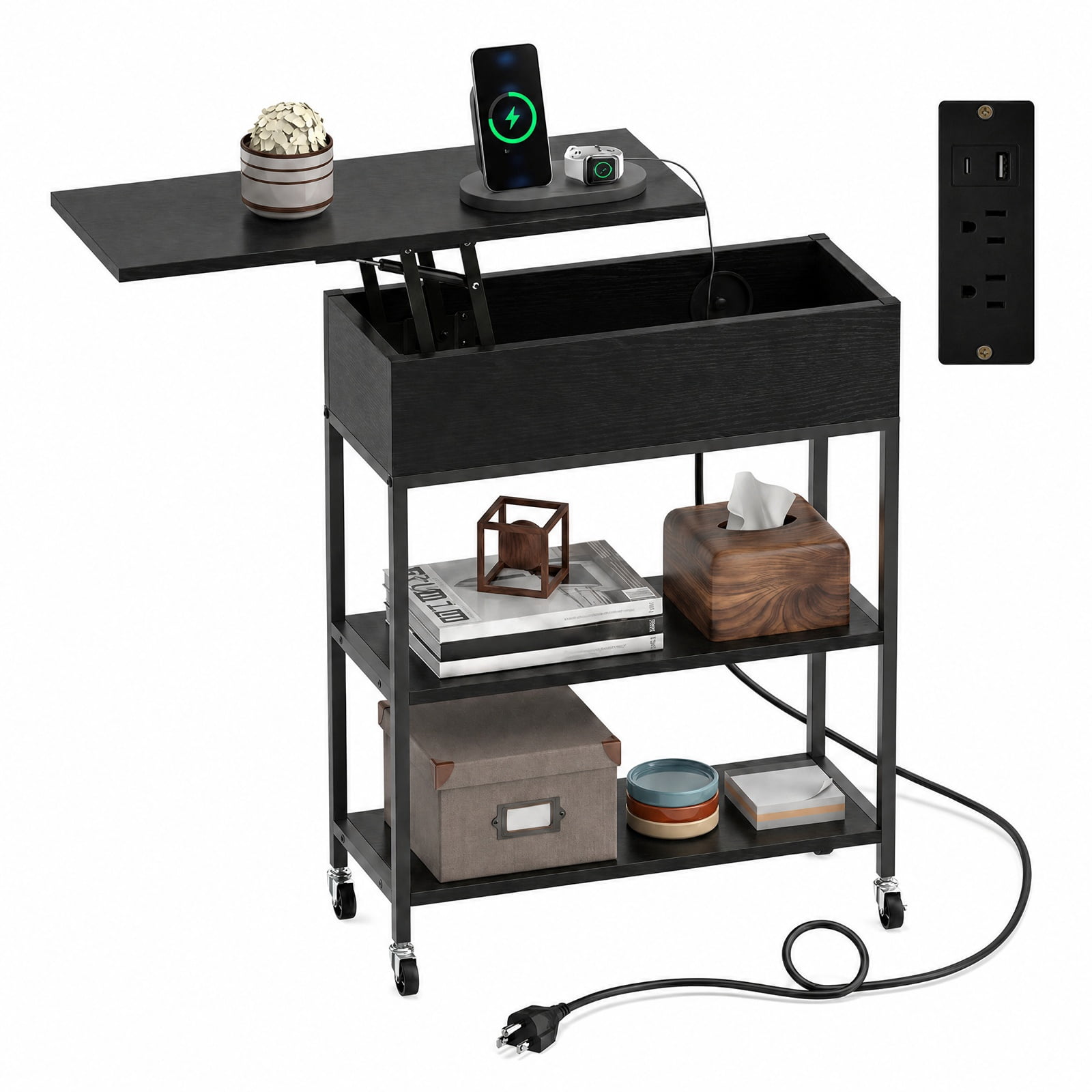 Furnibear Lift Top End Table with Charging Station Hidden Compartment and Universal Wheels for Living Room Sofa Side Narrow Spaces, Black