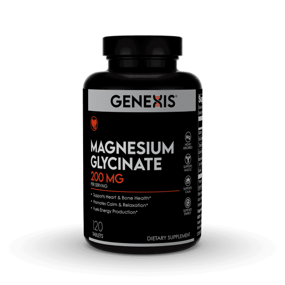 Genexis Magnesium Glycinate 200mg – High Absorption Magnesium Supplement – Supports Heart, Bone & Muscle Health, Promotes Calm & Relaxation, Fuels Energy Production – 120 Tablets