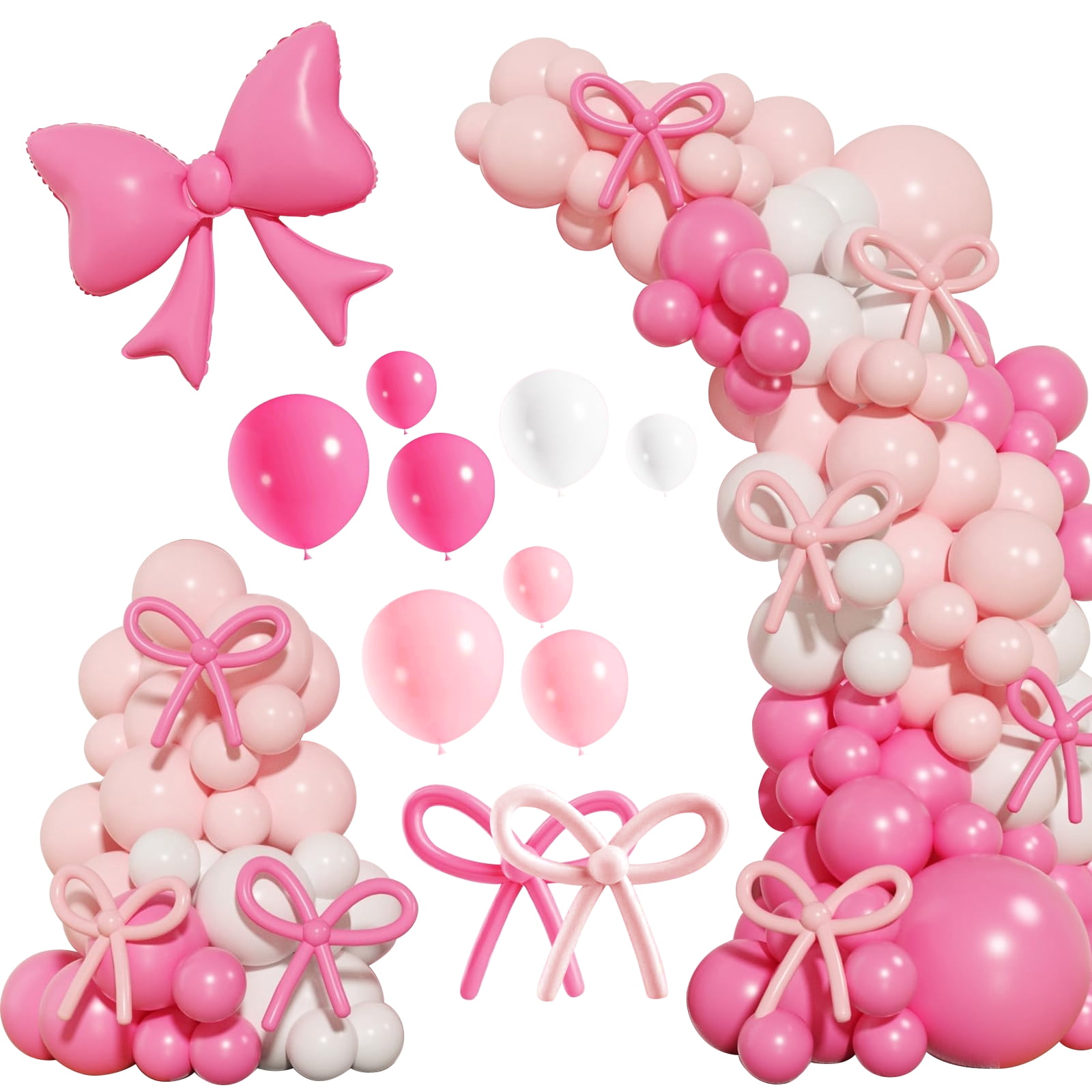 WODJR 149Pcs Bow Balloon Garland Arch Kit Coquette Birthday Decorations Pink White Balloon Arch Hot Pink Bowknot Balloon for Wedding Bridal Shower Girl Birthday Engagement Coquette Bow Party Supplies