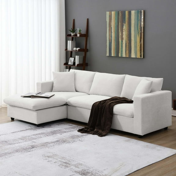 GNIXUU 100.4" L-Shaped Sectional Cloud Couch, Modular Sofa with Convertible Ottoman and 2 Pillows, 4 Seater Polyester Modern Chenille Deep Seat Couches for Living Room Apartment Office,White