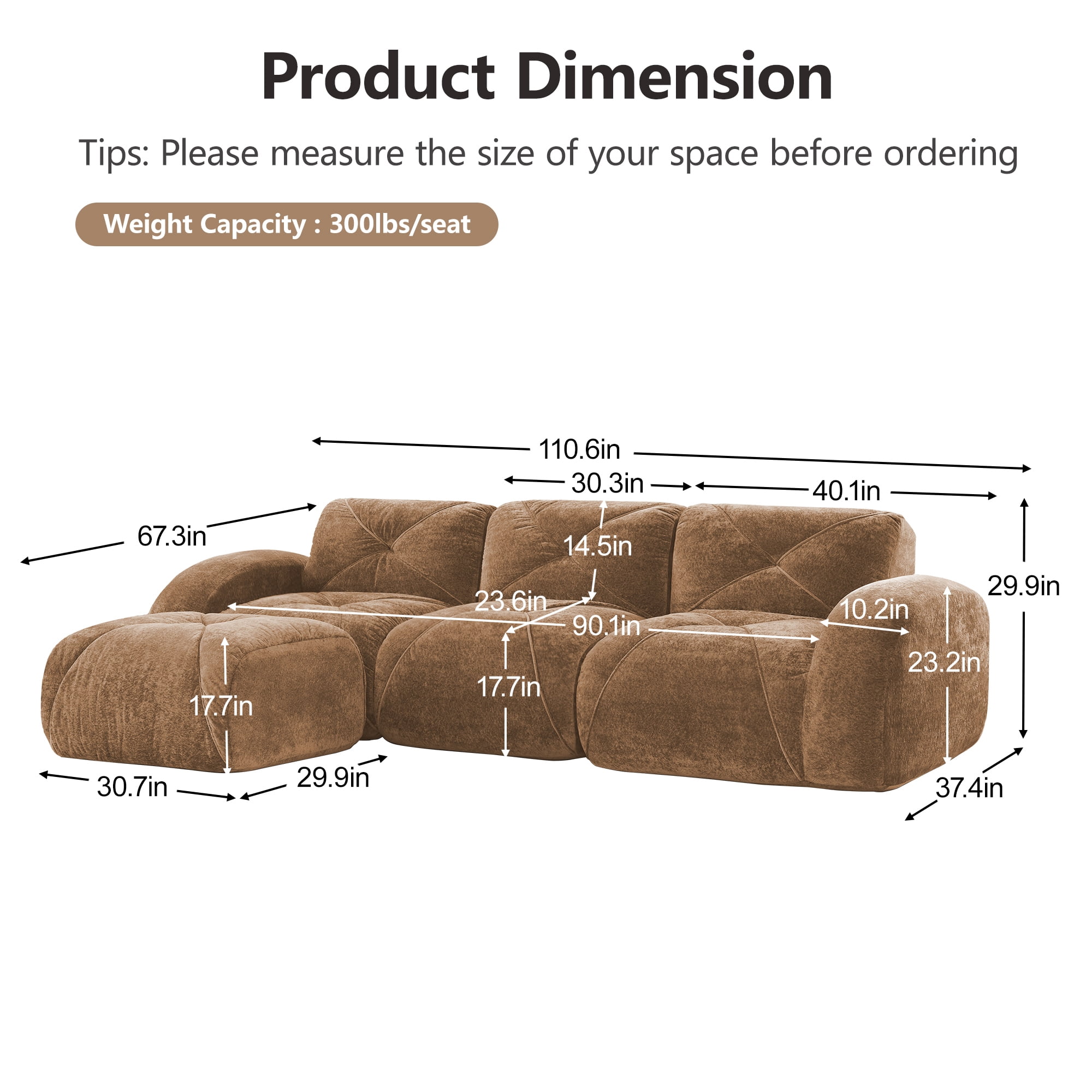 Alvantor L-Shaped Sectional Sofa 3-Seater Boneless Sofa Couch with Anti-Slip Design for Living Room, Easy Assembly Camel