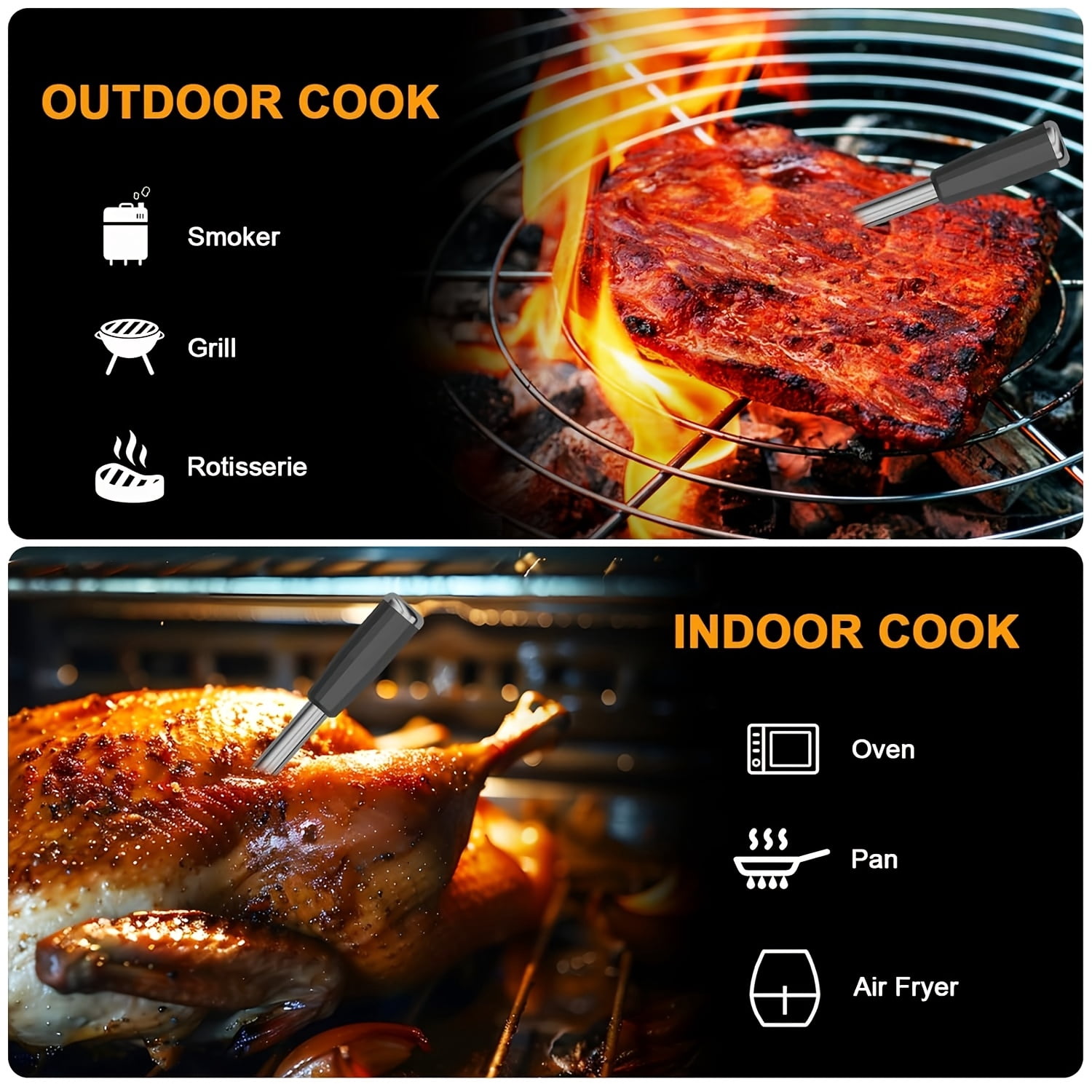 Wireless Bluetooth Smart Digital Meat Thermometer Bamboo Housing Stainless Steel Probe Suitable for Oven, BBQ, Kitchen Cooking, Steak, Chicken Food Thermometer