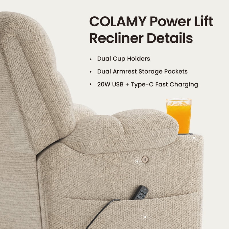 COLAMY Serene Dual Motors Power Lift Recliner Chair with Massage and Heat for Elderly People, Independent Adjustable Backrest Headrest, Extended Footrest，USB Charging Ports and Cup Holders, Beige