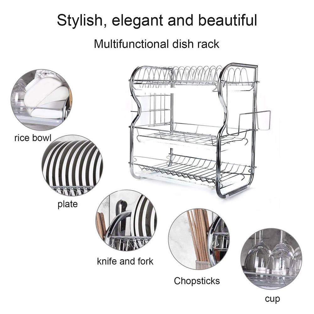 3-Tier Dish Drying Rack with Tray Utensil Holder, Large Capacity Dish Drainer with Cutting Board Holder for Kitchen Counter Organizer Storage
