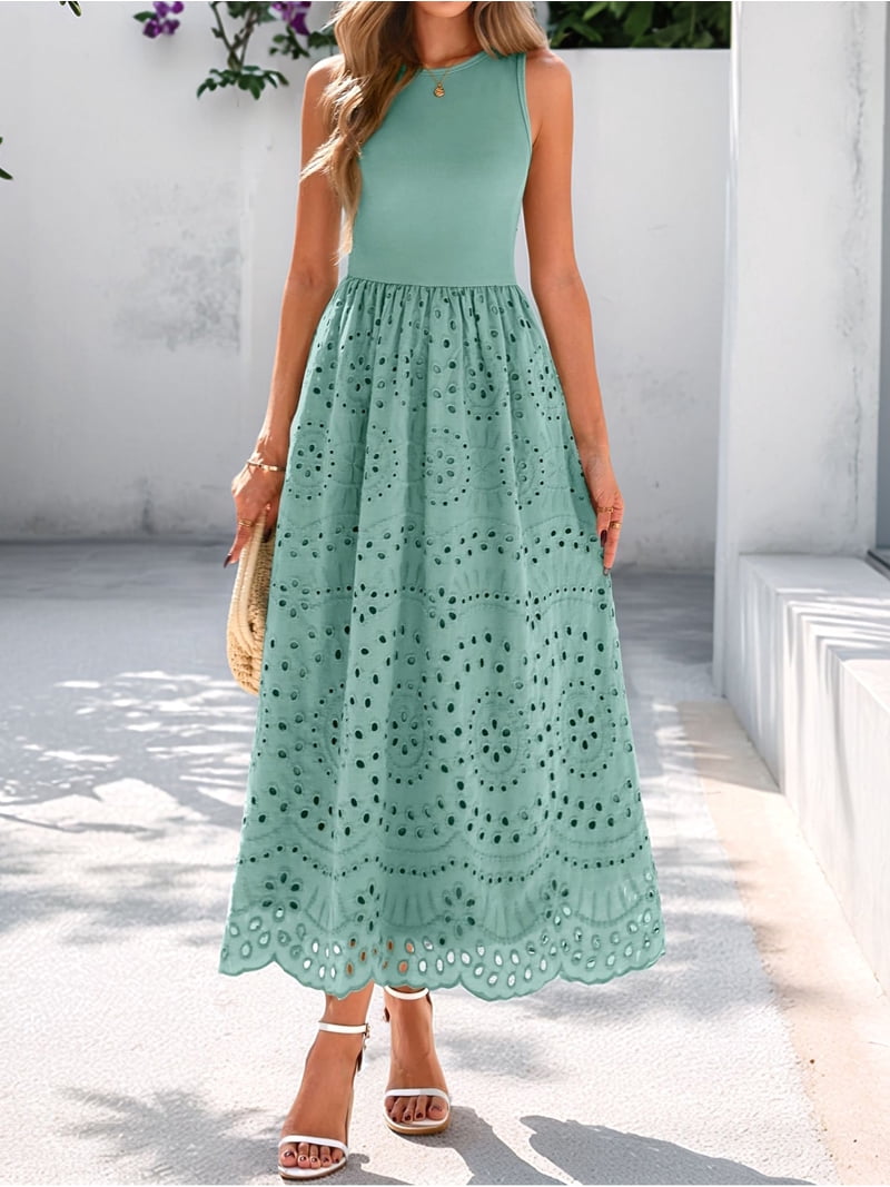 green tank maxi dress Women'S Summer Dresses Sleeveless Crewneck A-Line Boho Lace Eyelet Tank  Maxi Dress with Pockets Black XXL
