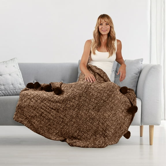 Luxury Knit Throw Decorative Blanket with Pom Pom Fringe Super Soft Warm Sleeping Cover for Adults or Kids on the Couch
