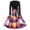 thumbnail image 2 of Halloween Dresses for Women Witch Hat 1950s Crew Neck Novelty Swing Dress Skeleton Printed Long Sleeve Fashion Tea Length Dress with Belt L, 2 of 5