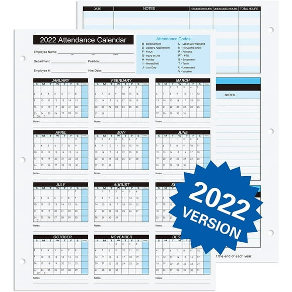Calendrier de Présence 2022 Cartes de Calendrier de Présence Tracker - 8,5 X 11 Cartons / Pack de 25 Feuilles