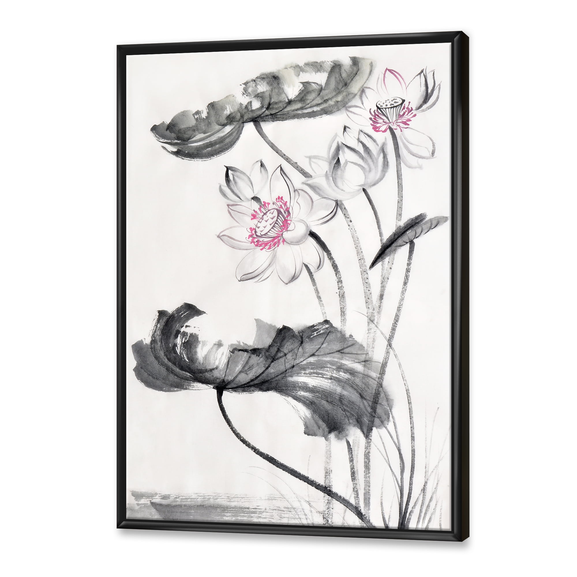 Designart 'Ancient Lotus Flowers' Traditional Framed Canvas Wall Art Print