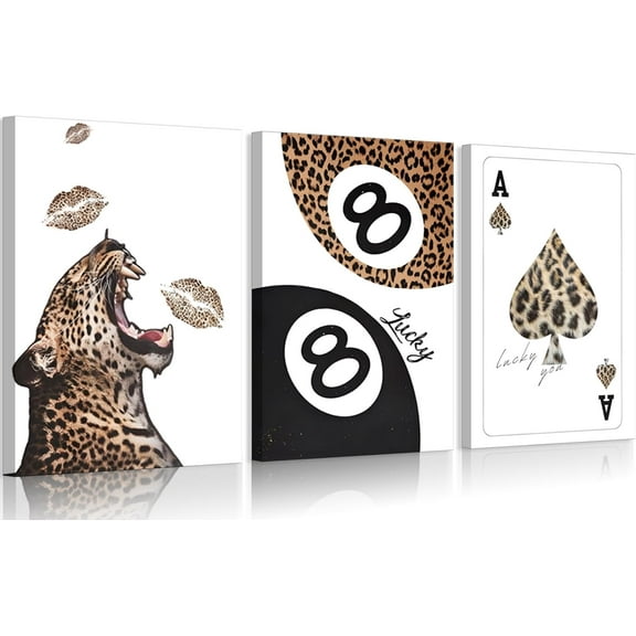 Trendy Leopard Prints Canvas Wall Art Cheetah Aesthetic Pictures Funky Preppy Lucky 8 Ball Posters Eclectic Ace Painting Wall Decor for Girls Room Apartment Dorm Unframed