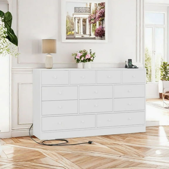 Danolapsi 12 Drawer Dresser for Bedroom,61 Inch Wood Dresser with Power Outlet,Wide Dresser Chest of Drawers for Living Room,Hallway,Tall Dressers with Smooth Metal Rail,Large Storage(ship in 2 boxes)
