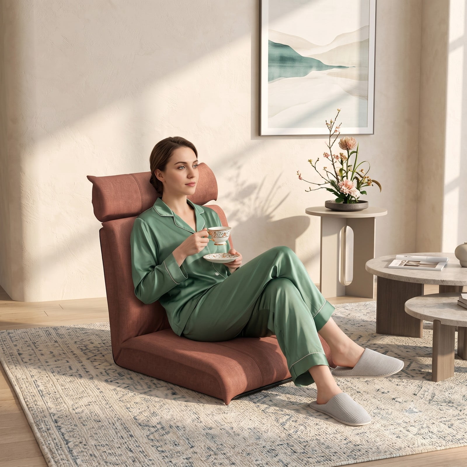Furnibear Folding Floor Chair Lazy Sofa Lounger with 14-Position Adjustable Backrest and 5-Position Headrest, Linen Padded Recliner for Gaming Reading, Brown