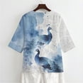 thumbnail image 5 of Xoenoiee Peacock Cloud Print Linen Button Down Shirt for Women 3/4 Sleeve V Neck Blouses Casual Summer Loose Fit Cotton Gauze Blouses, M, 5 of 7