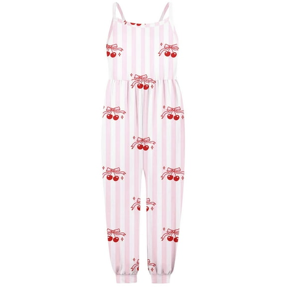 MIXUE Toddler Girls Jumpsuits & Rompers Summer Cherry Print Spaghetti Strap Sleeveless Overalls Bodysuits Outwear,Pink,3-4 Years