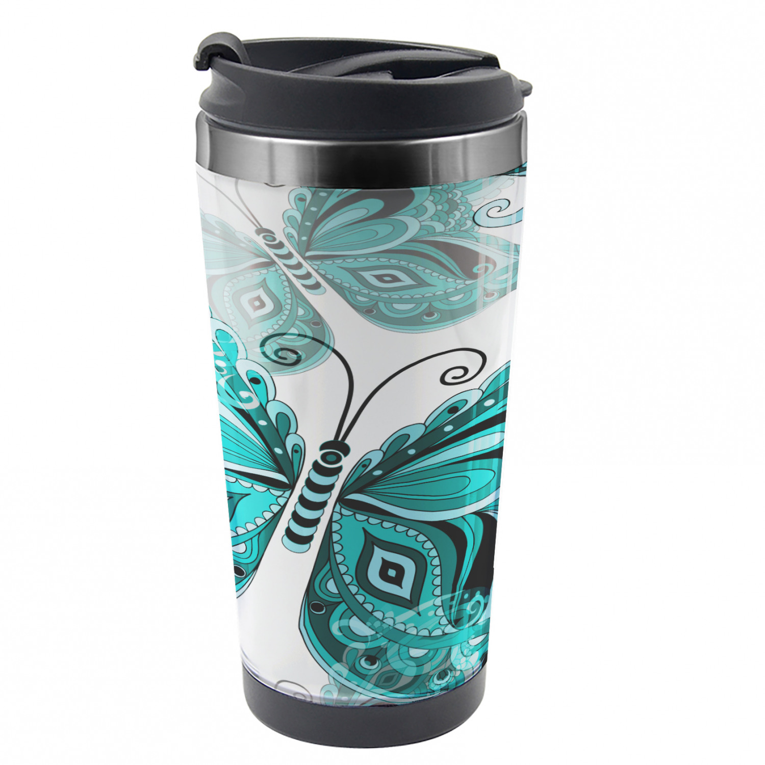 Butterfly Travel Mug, Ornamental Animal Pattern, Steel Thermal Cup, 16