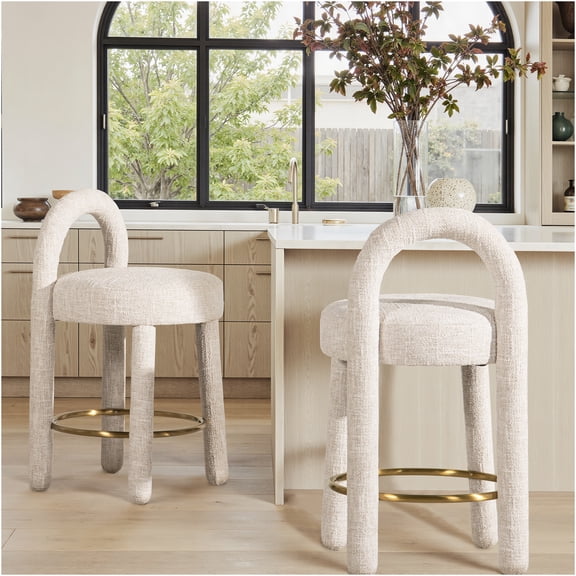 JERFIT Upholstered Counter Stools Set of 2, Beige Chenille Fabric, Round Arched Back Bar Stools for Kitchen Island, Modern Accent Dining Chairs
