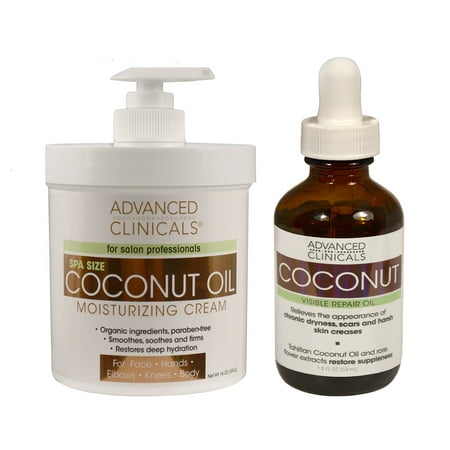 Advanced Clinicals Coconut Skin Care Value Set! 16oz Coconut Oil Moisturizing Cream and 1.8oz Coconut Face oil set. Best coconut cream and oil for face, body and