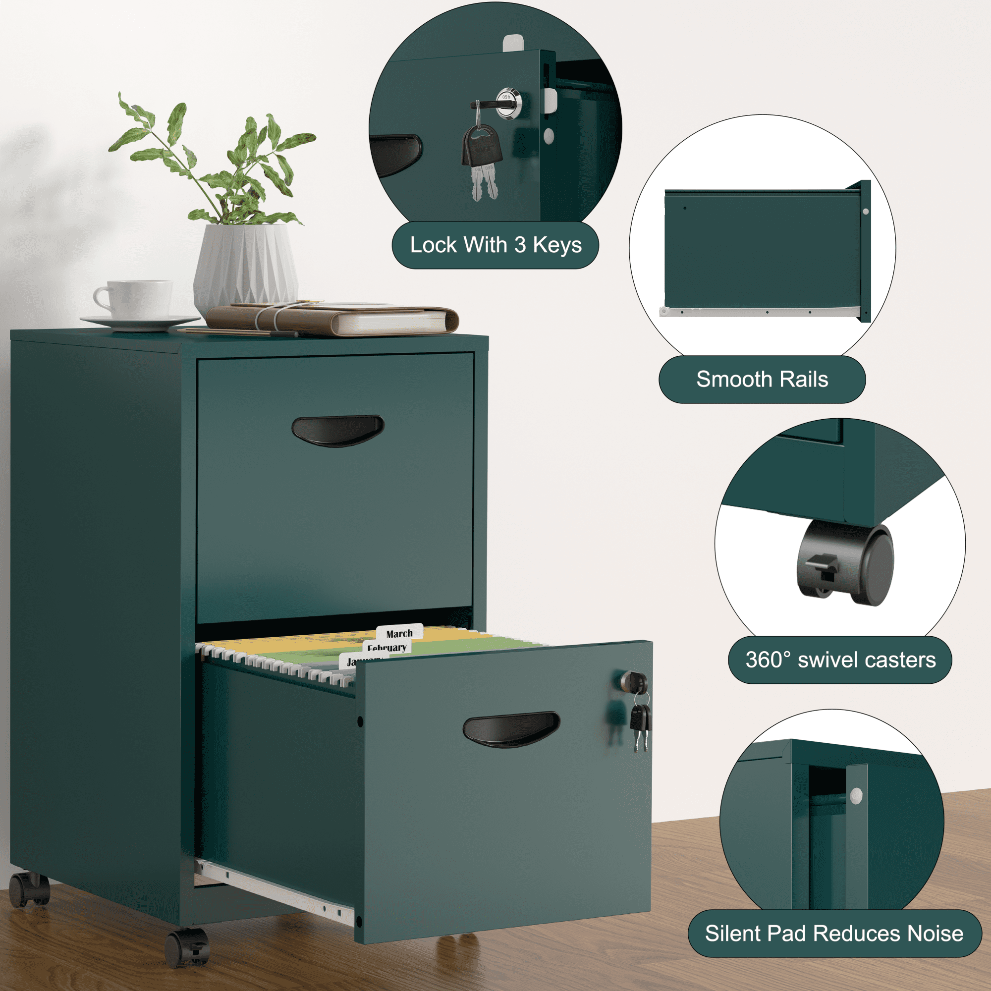 SteeLoong File Cabinet on Whells,Freestanding Storage Organizer,Green Metal 2-Drawer,Letter Size,Easy Assemble