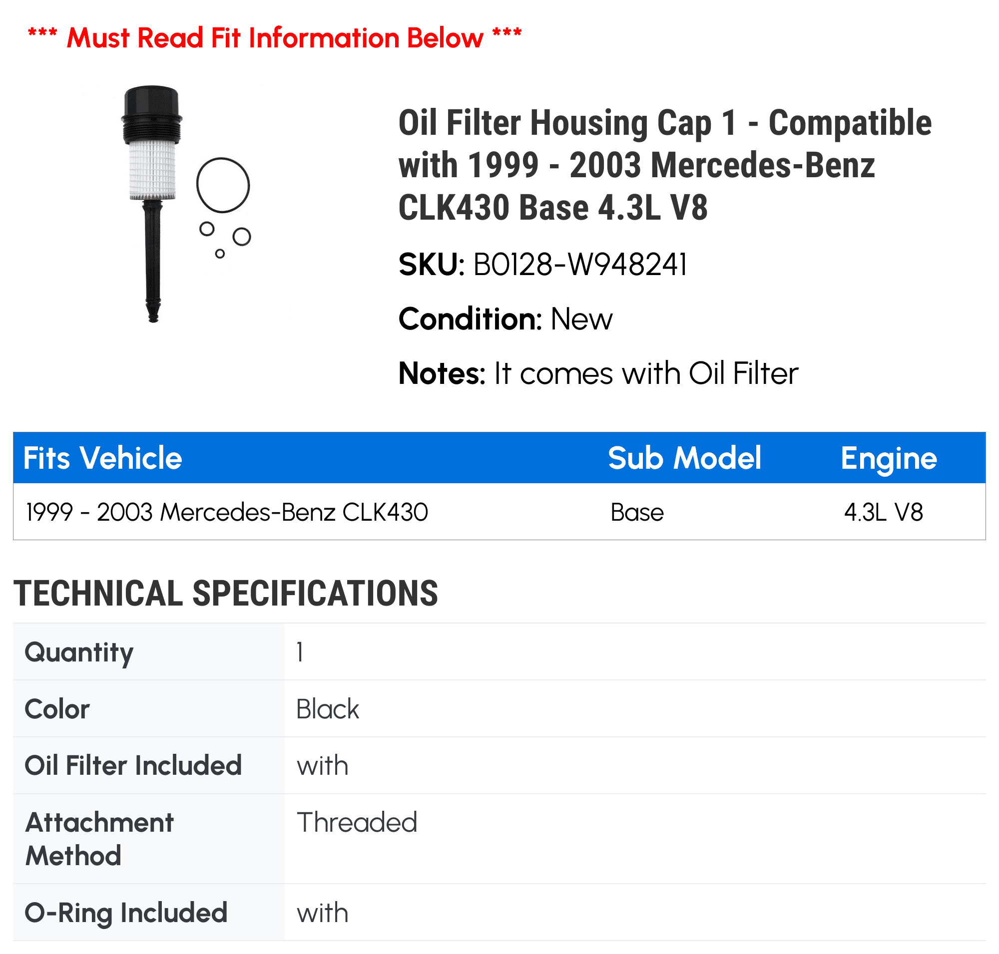 Oil Filter Housing Cap 1 - Compatible with 1999 - 2003 Mercedes-Benz CLK430 Base 4.3L V8 - Autopart Premium