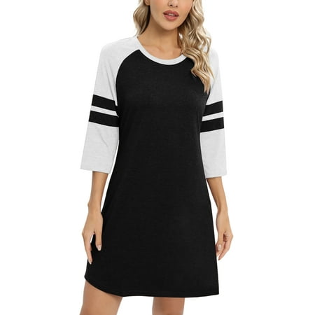 

Women 3/4 Sleeve Sleeve Nightgown Loose Fit Sleepshirt Spring Fall Sunmer Calf-Length Soft House Dress Round Neck Comfy Sleepwear Loungewear Black White S-3XL