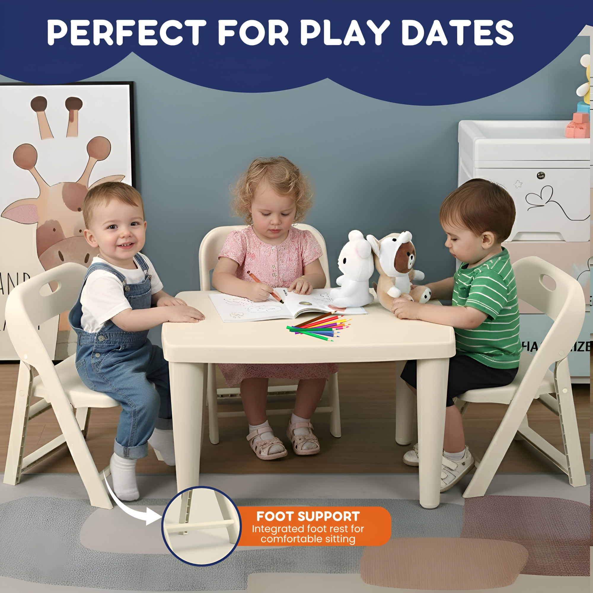 Giggle & Play Folding Chairs, Portable and Lightweight Kids Chair with Backrest, Beige, 2 Pack