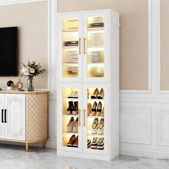 KIOOTTO White LED Bookshelf Cabinet, 67" Tall with Doors & 8 Adjustable Glass Shelves for Living Room, Office Display