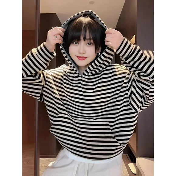 2024 Spring and Autumn New Kang Lazy Style Short Striped Hooded Sweater for Women Loose Long Sleeve Inner Layup Top for Women