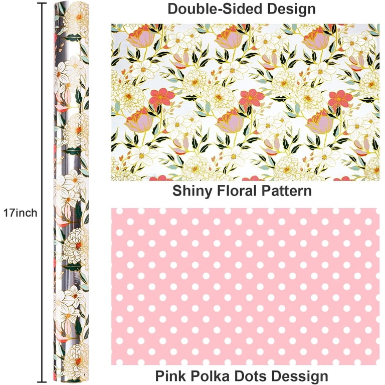 HOMERAL Reversible Floral Wrapping Paper, Pink Flowers, 17" x 33 Feet photo 4