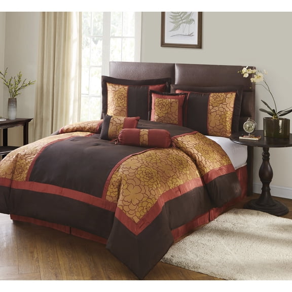 Nanshing Sibyl 7 Piece Luxury Floral Bedding Comforter Set, Red/Brown, Queen