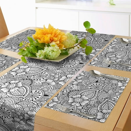 

Ethnic Table Runner & Placemats Tattoo Design Monochrome Cultures Inspirations Floral Elements Set for Dining Table Decor Placemat 4 pcs + Runner 14 x90 White and Black by Ambesonne