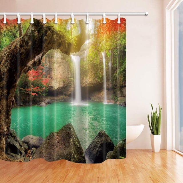 ABPHQTO Rainforest Cascada Decor Jungle con Sunshine Mountains y Mossy Rocks Cortina de ducha de baño de tela de poliéster 160x180 cm