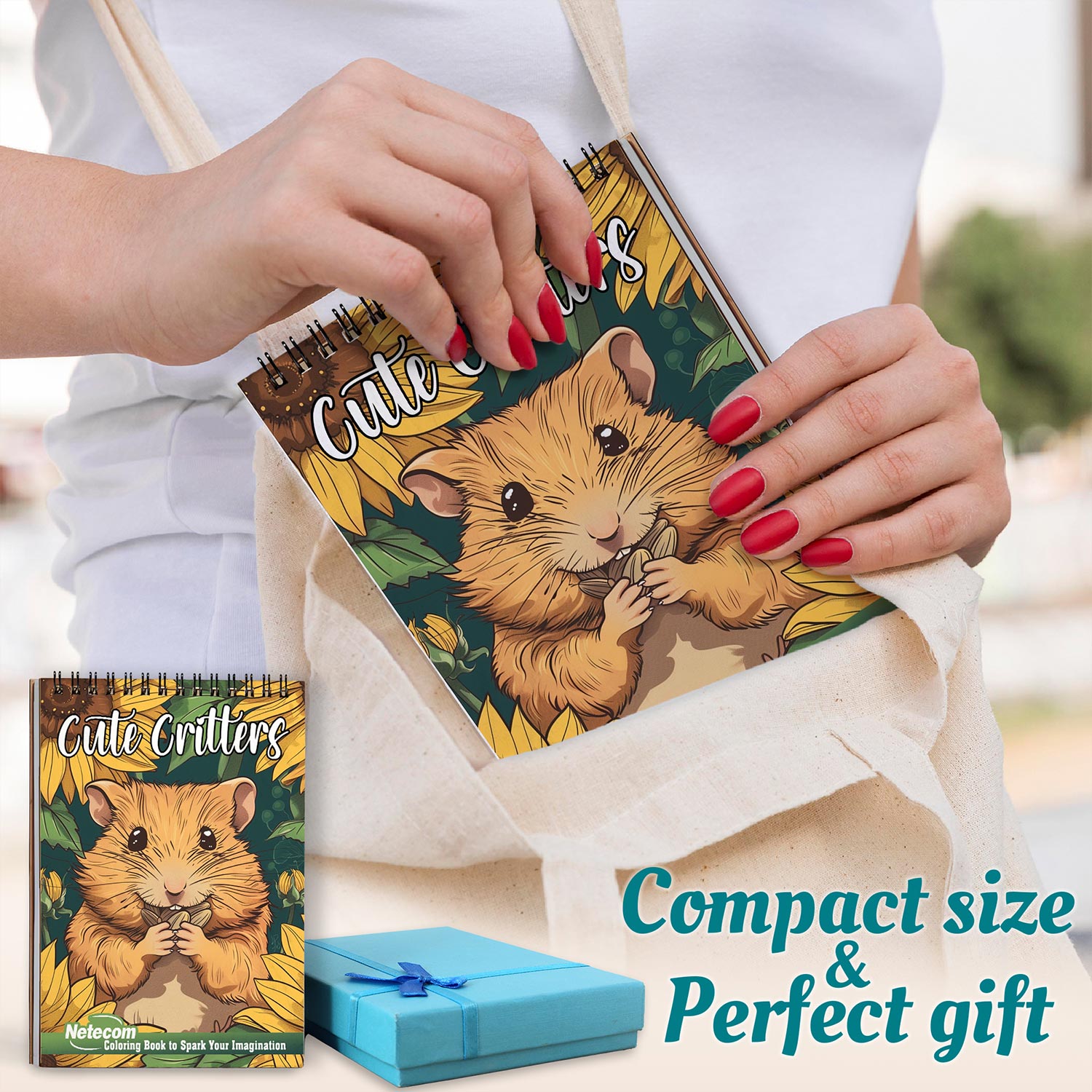 Netecom Cute Critters Coloring Book Spiral Bound for Adults, A5 Wooden Cover, 30 Cute Coloring Pages of Fluffy Animals for Stress Relief and Relaxation