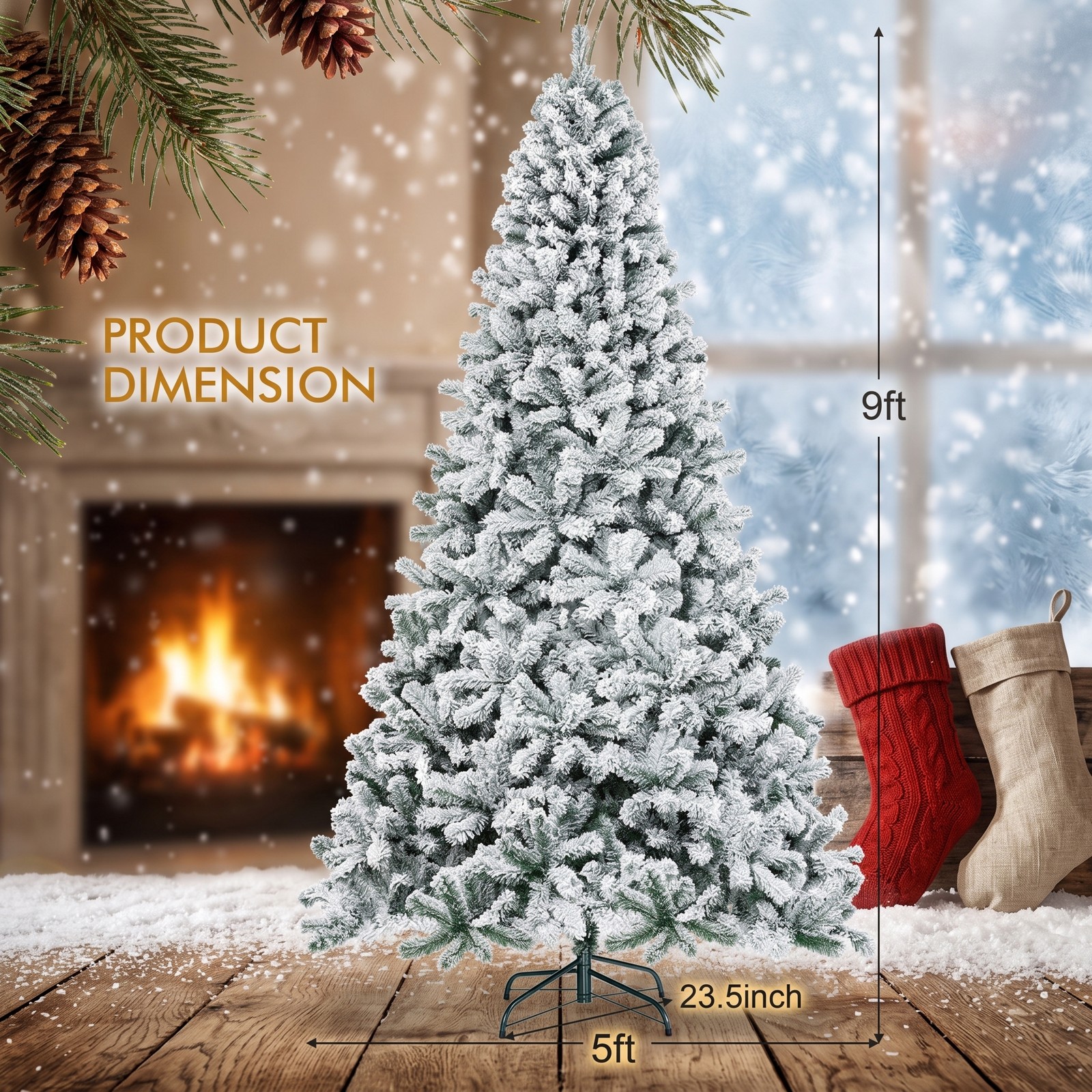 RUIE 9 FT Artificial Christmas Tree, Premium Snow Flocked Hinged Full Xmas Tree with Metal Stand, 1498 Branch Tips PVC Holiday Tree for Home Office Party Indoor, White