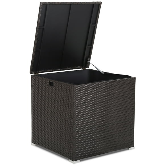 Patiojoy 72 Gallon Deck Box Outdoor Mix Brown Wicker Storage Box with Waterproof Zippered Liner and Safe Pneumatic Rod