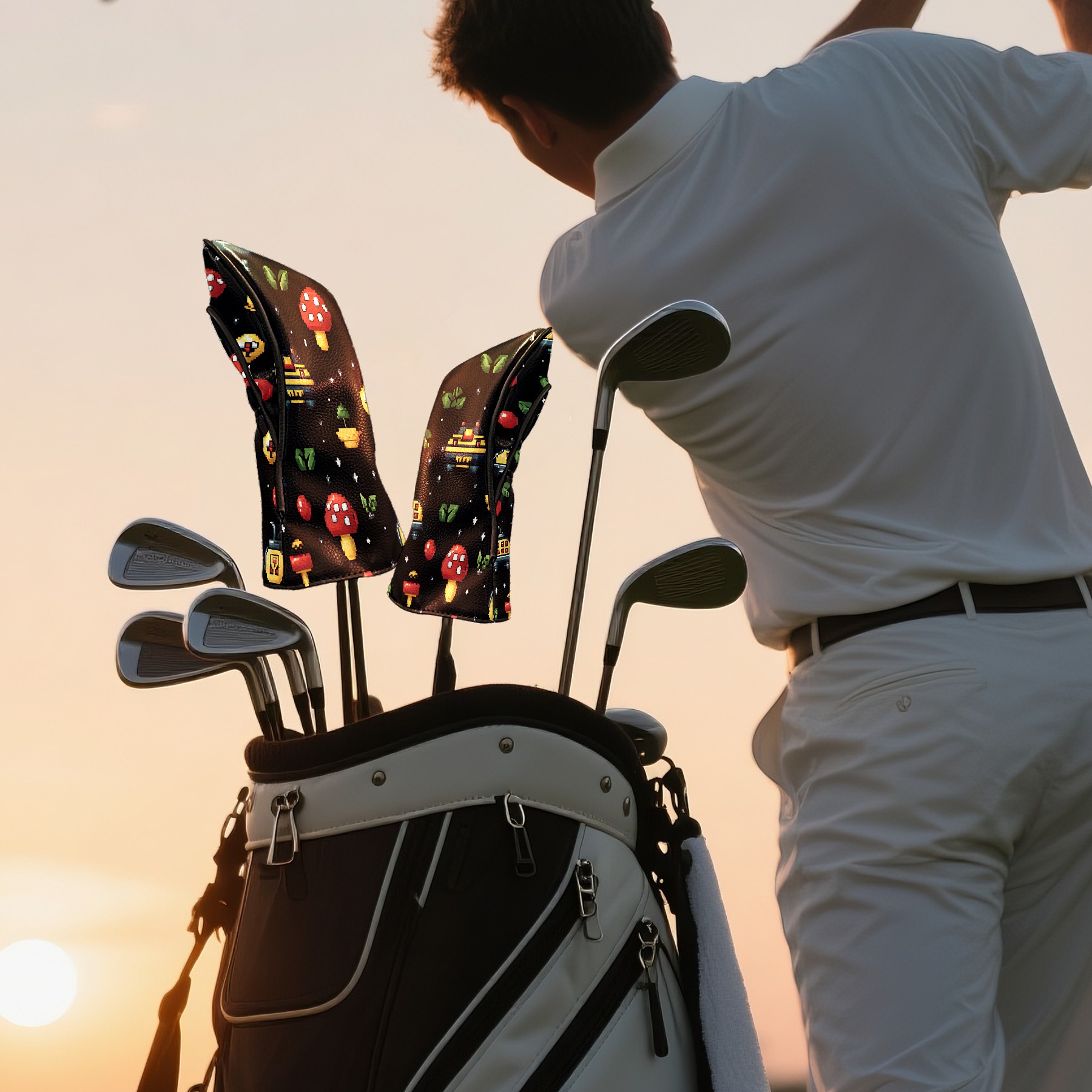 Golf Club Covers, Black Alien Elements Premium PU Leather Driver Hybrid Putter Head Covers with Velvet Lining, Waterproof Golf Gifts for Men Women