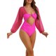 thumbnail image 4 of INSPIRAR CHIC Traje de baño de una pieza con corte, manga larga, escote profundo y panel de malla con control de abdomen y pierna alta para playa, color rosa rojo, talla grande, 4 of 5