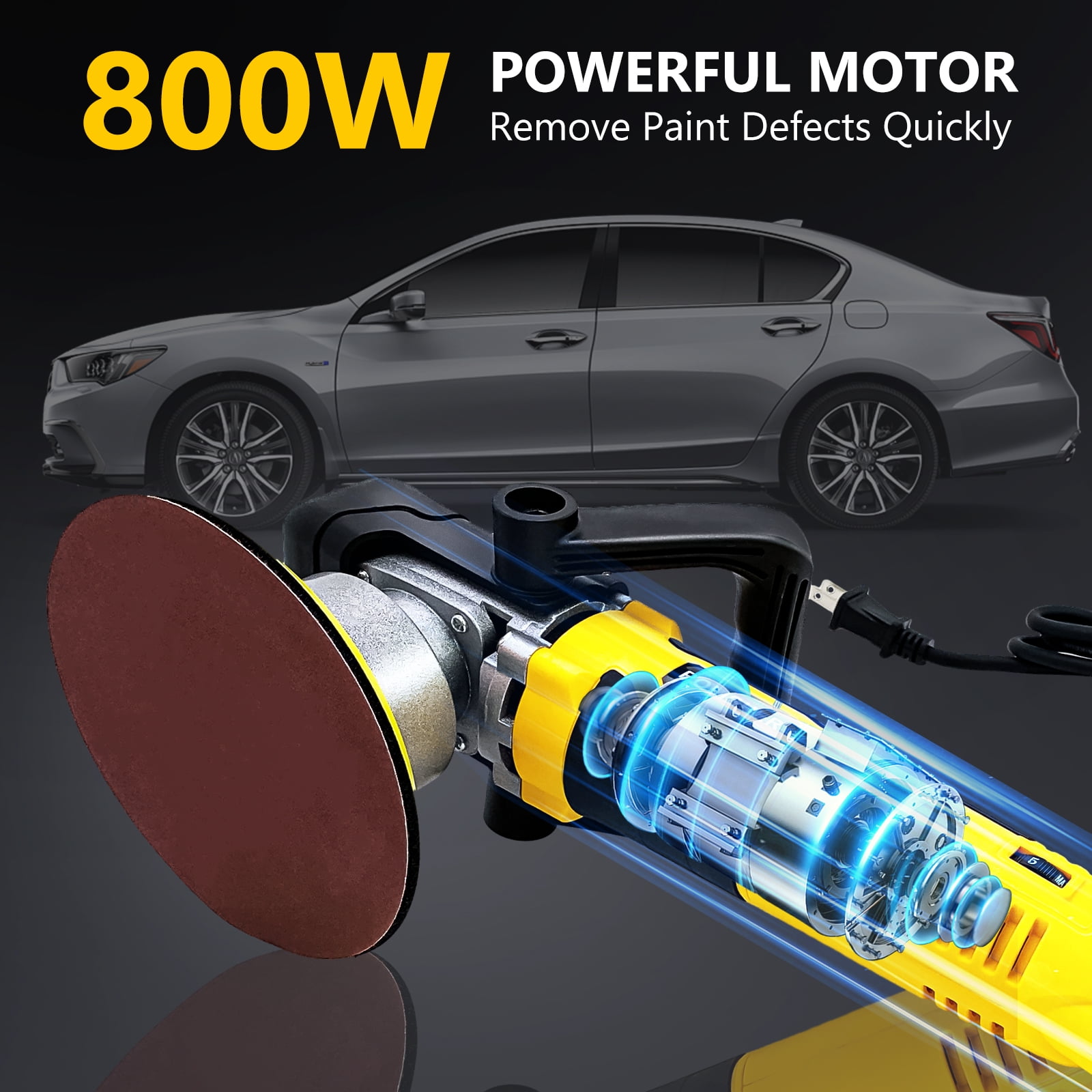 iMeshbean 6-Inch 800W Car Polisher, 6 Variable Speed 8mm Dual Action(DA) Random Orbit Car Buffer Polisher Sander with Handle, Car Detailing Waxer Kit, 4600RPM, Sanderpaper for Car Polishing&Waxing